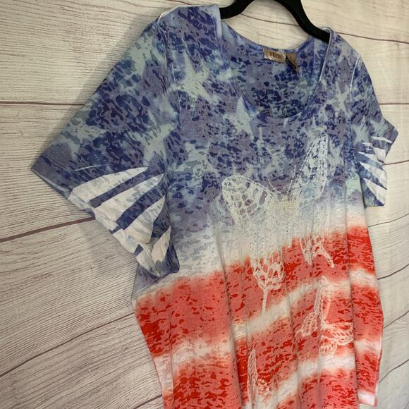 FRESH Red White Blue Butterfly Top Jeweled Stars and Stripes Size 1X - Picture 12 of 15